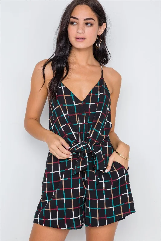 CamisoleUltraMulti Black Grid Print Cami Tie-Front Romper /2-2-2