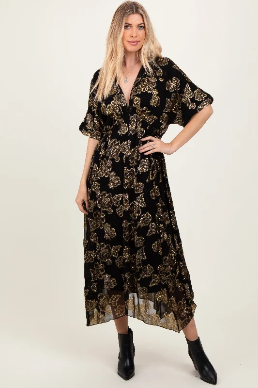 Black Metallic Floral Jacquard Overlay Maxi DressKimono Dress