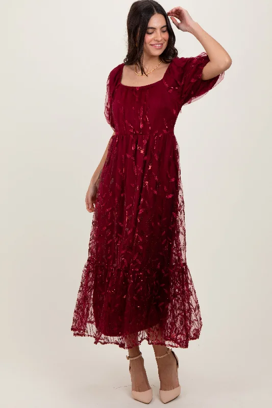 Burgundy Embroidered Sequin Detail Mesh Overlay Maxi DressUniform Dress