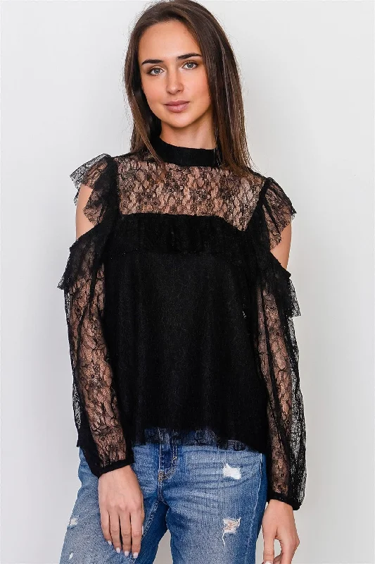 Boho Black Mesh Frill Cold Shoulder Top /1-2-2-1