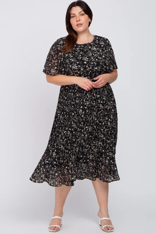 Black Floral Pleated Chiffon Plus Midi DressEvening Dress