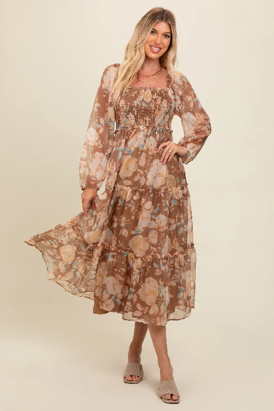 Mocha Floral Square Neck Smocked Midi DressGeometric Dress