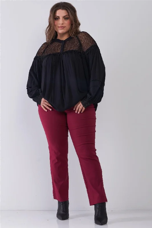 Junior Plus Size Black Boho Sheer Net Mesh Balloon Sleeve Detail Relaxed Top /2-2