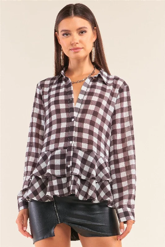 Back To School Checkered Crinkle Mesh Collared Button Down Flare Hem Shirt