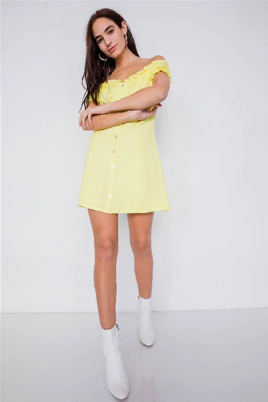 Vintage Yellow Linen Off-The-Shoulder Frill Trim Cap Sleeve Mini Dress /3-2-1Satin Dress