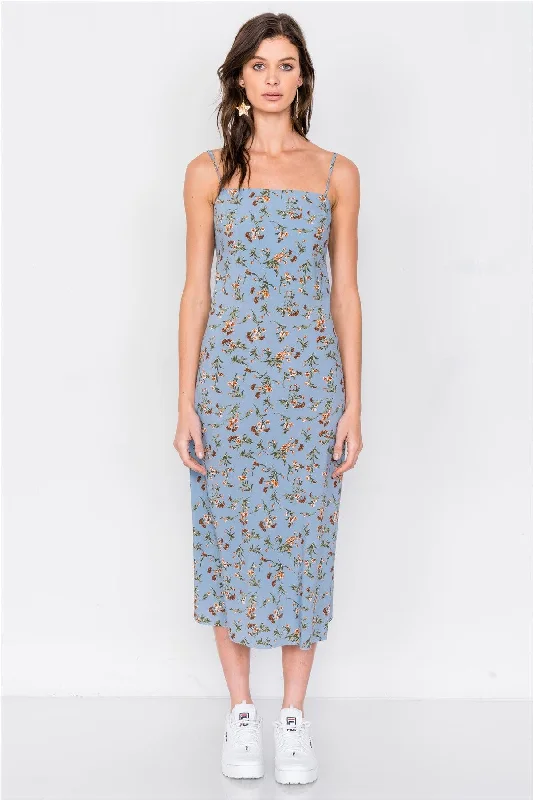 Sky Blue Open Back Boho Floral Print Midi Dress /3-2-1Peplum Dress