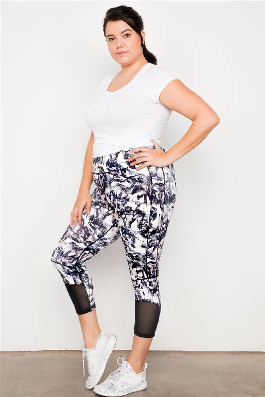 Plus Size Active Athletic Mid Rise Bottom Mesh Abstract Print Leggings