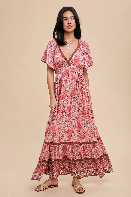 Pink Floral Flounce Sleeve Maxi DressWrap Dress