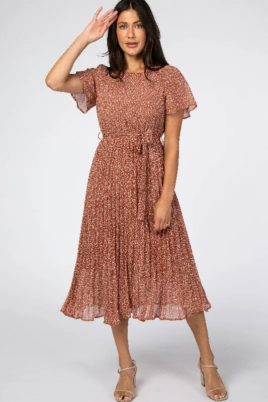 Rust Leaf Print Pleated Midi DressSchool Dress