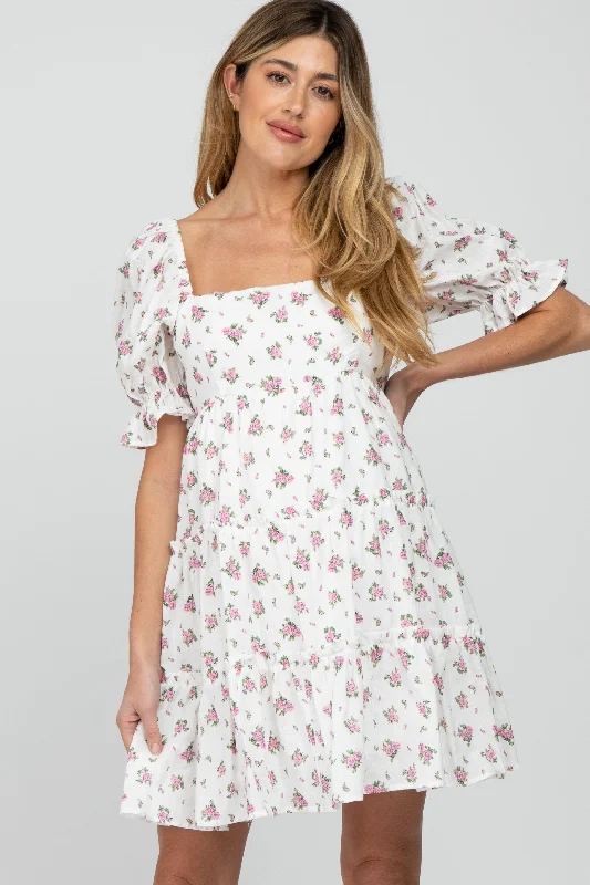 Pink Floral Puff Sleeve Maternity Mini DressTactical Dress