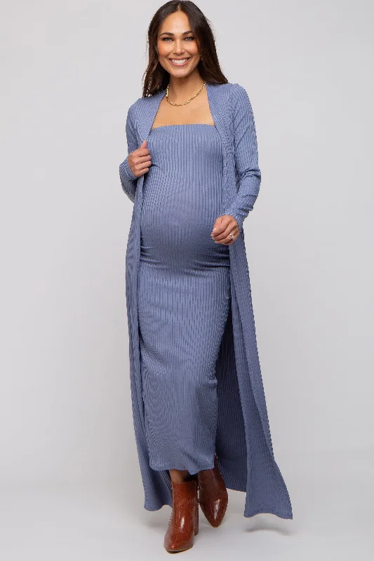 Blue Ribbed Sleeveless Dress Cardigan Maternity SetHiking Dress