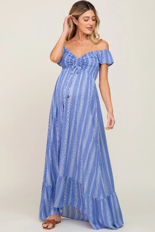 Blue Striped Off Shoulder Front Tie Maternity Maxi DressBusiness Dress