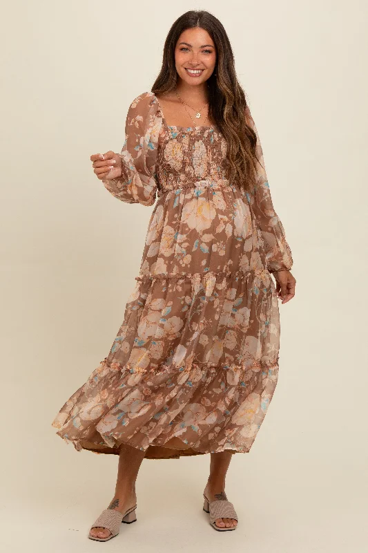 Mocha Floral Square Neck Smocked Maternity Midi DressOpaque Dress