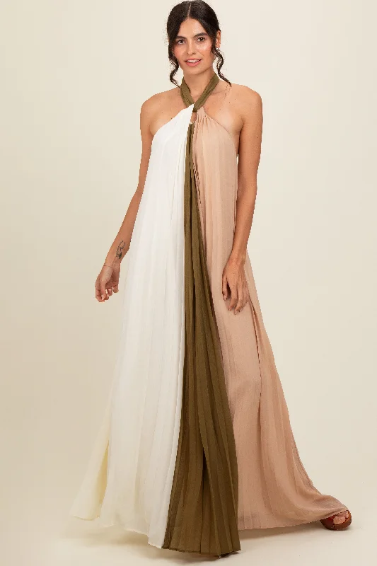 Olive Colorblock Pleated Halter Neck Maxi DressWrap Dress