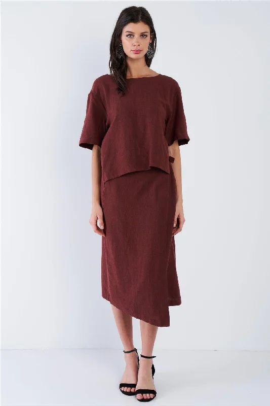 Maroon Brown Center Cut Out V-Neck Midi Wrap DressPrinted Dress