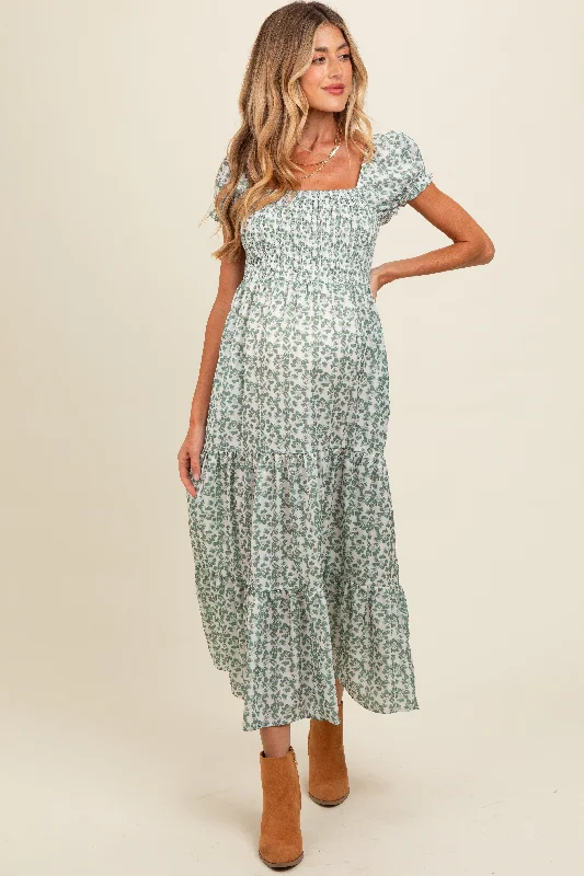 Olive Floral Puff Sleeve Smocked Maternity Maxi DressWind Dress