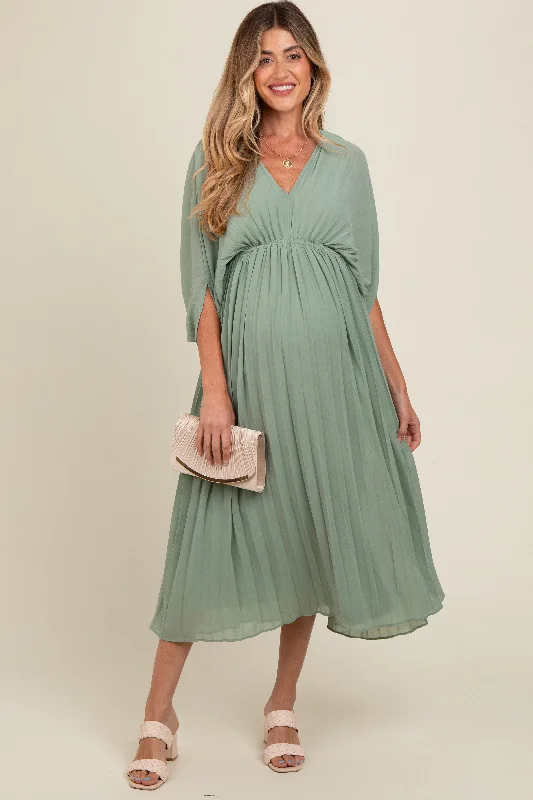 Light Olive Pleated V Neck Maternity Maxi DressLeather Dress