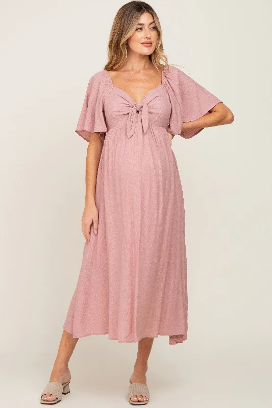 Mauve Front Tie Ruffle Sleeve Maternity Midi DressOffice Dress