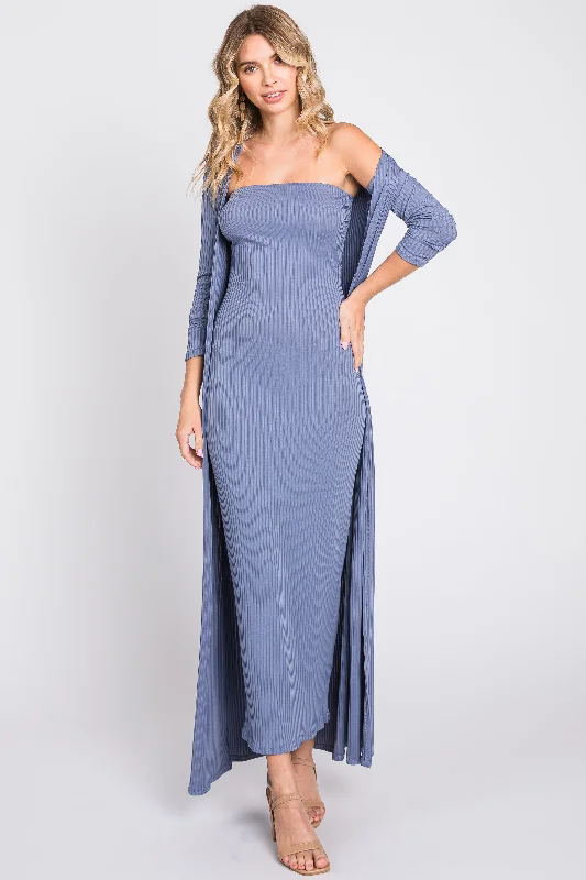 Blue Ribbed Sleeveless Dress Cardigan SetWind Dress