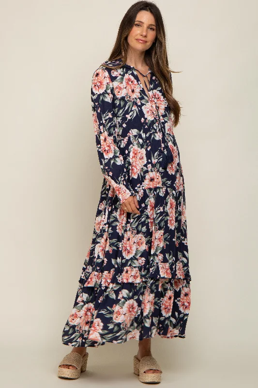 Navy Floral Smocked Ruffle Neck Maternity Maxi DressCrinoline Dress