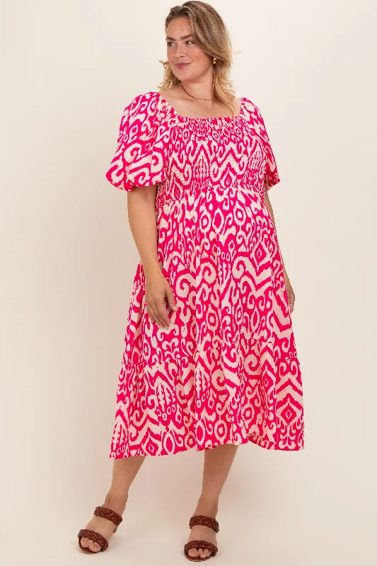 Fuchsia Printed Smocked Puff Sleeve Plus Maternity Midi DressProm Dress