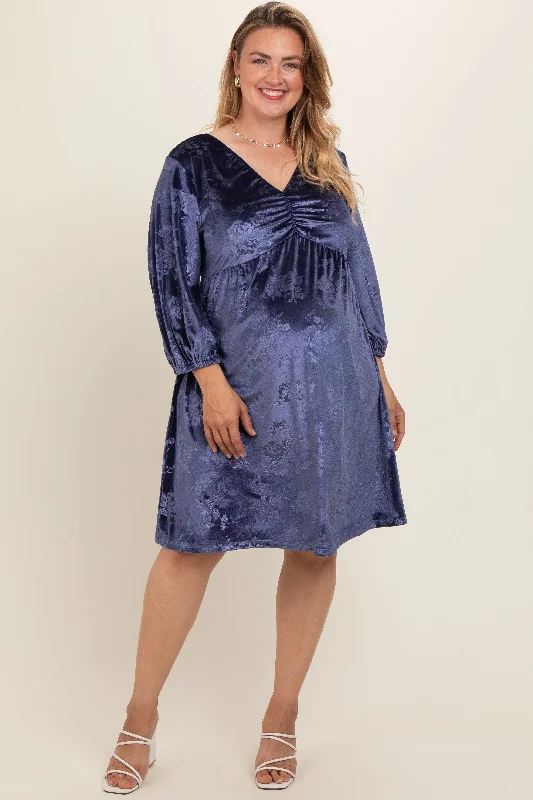 Navy Velvet Floral Ruched Neck Plus Maternity DressModern Dress