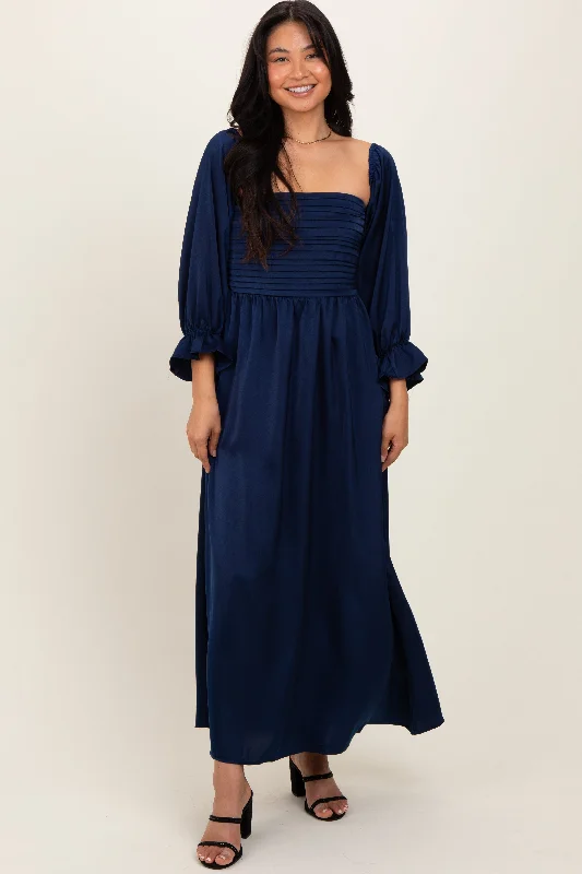 Navy Off Shoulder Satin Pleated Bodice Maxi DressTennis Dress