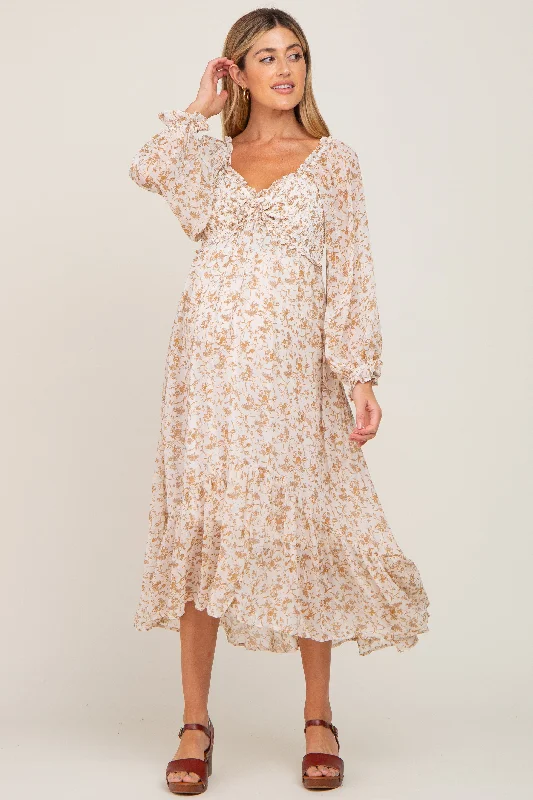 Ivory Floral Chiffon Ruffle Maternity Maxi DressSheath Dress