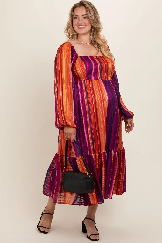 Plum Striped Metallic Yarn Maternity Plus Midi DressBoho Dress