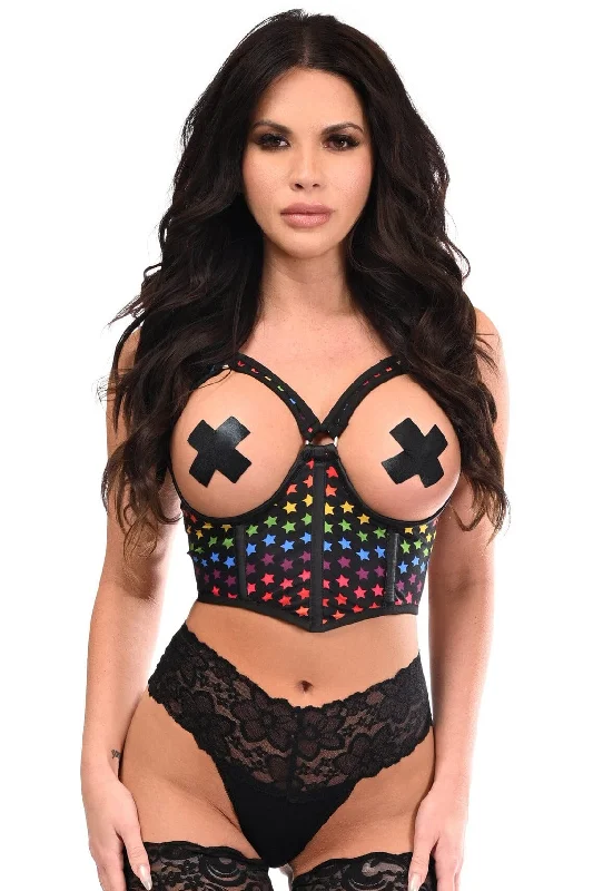 Lavish Rainbow Stars Underwire Open Cup Mesh Cincher w/Criss Cross Back