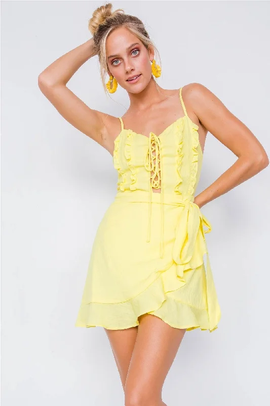 Yellow Cotton Vintage Lace Up Corset Wrap Mini Dress  /3-2-1Sequin Dress