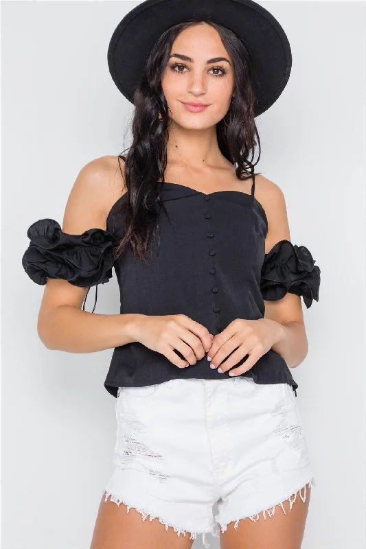 CamisoleValleyBlack Cami Cold Shoulder Ruffle Sleeves Top /2-2-2