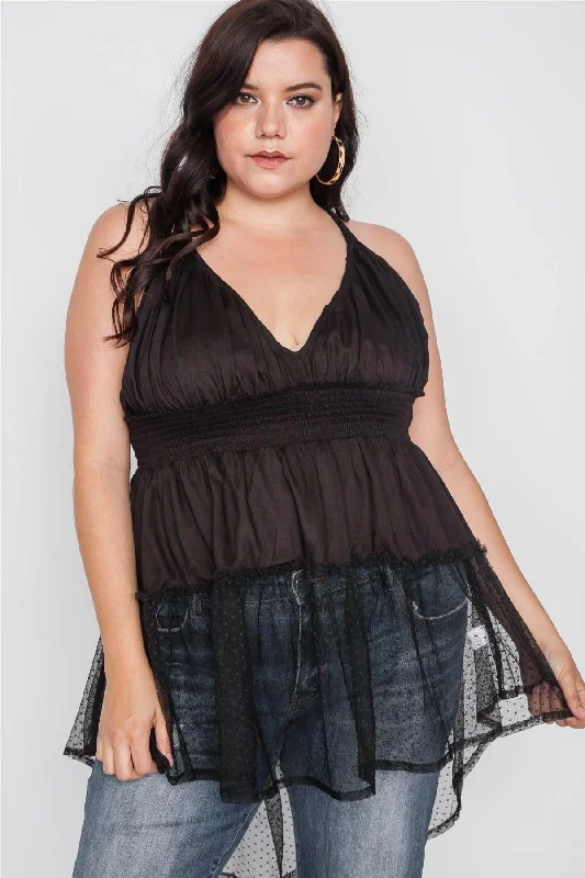 Plus Size Black Smocked Combo Mesh Top /2-2-2