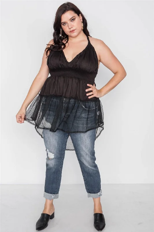 Plus Size Black Smocked Combo Mesh Top /4-2-2