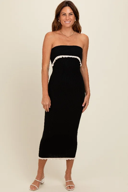 Black Contrast Trim Strapless Knit DressEmbroidered Dress