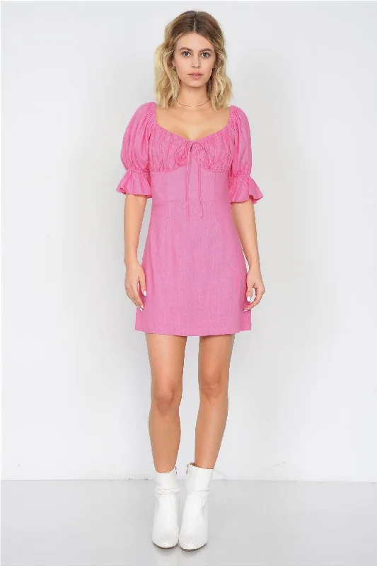 Pink Vintage Square Neck Flounce 3/4 Sleeve Mini Dress /3-2-1Ethnic Dress