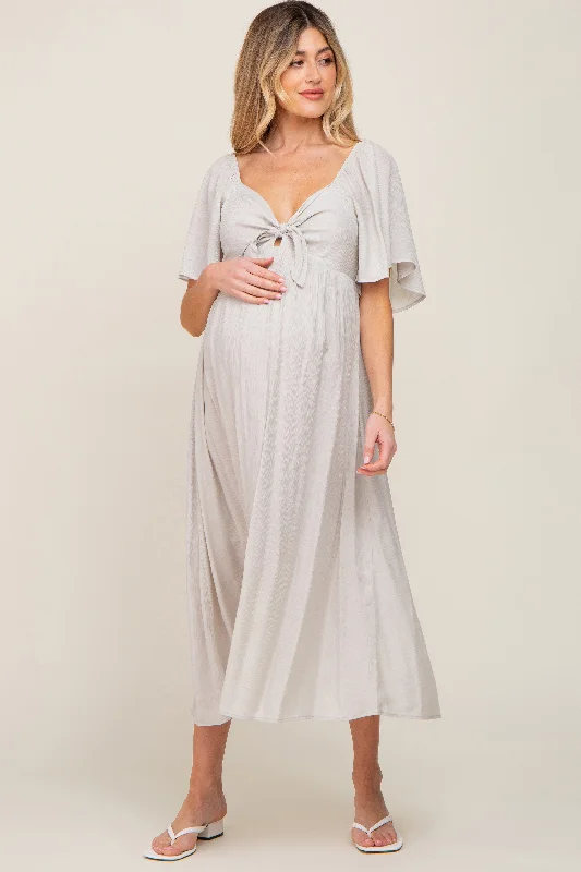 Grey Front Tie Ruffle Sleeve Maternity Midi DressMini Dress