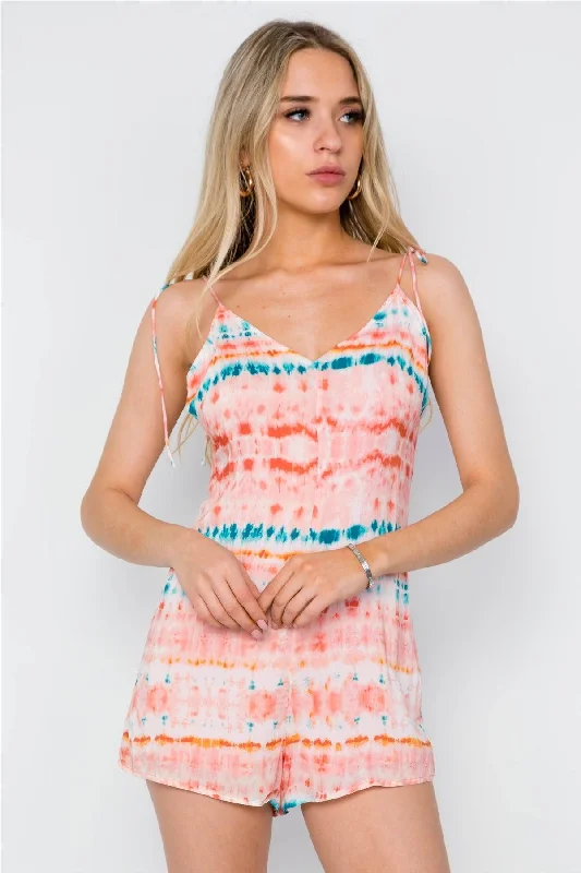 CamisoleFlexPeach Tie Dye Cami Self Tie Boho Romper / 1-2-2-1