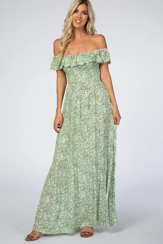 Green Floral Ruffle Off Shoulder Maxi DressUniform Dress