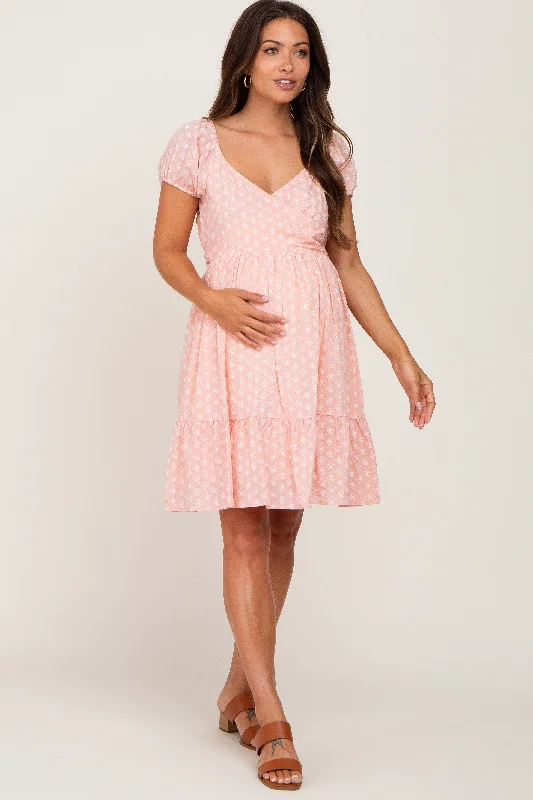 Pink Floral Wrap Puff Sleeve Maternity DressCasual Dress