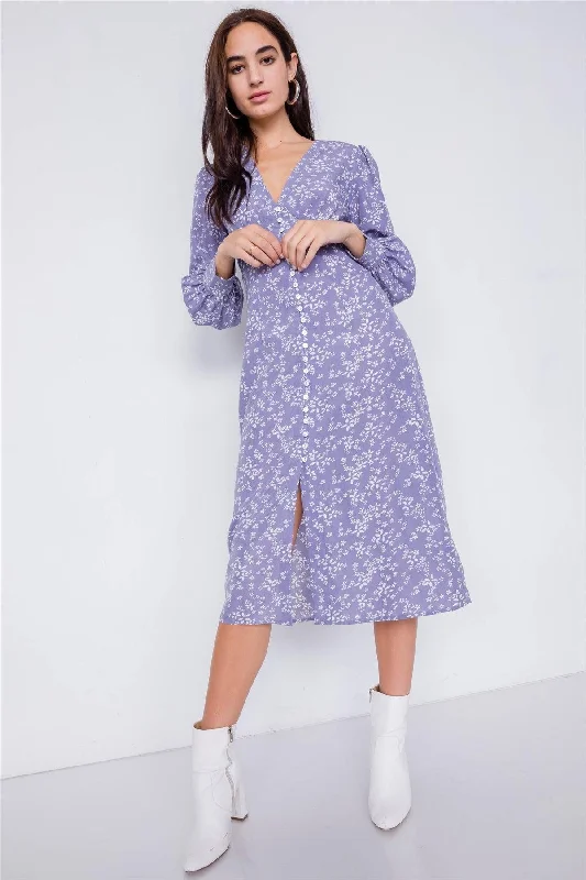 Lavender White Modern Floral Mid Center Slit Chic Midi Dress  /3-2-1Golf Dress