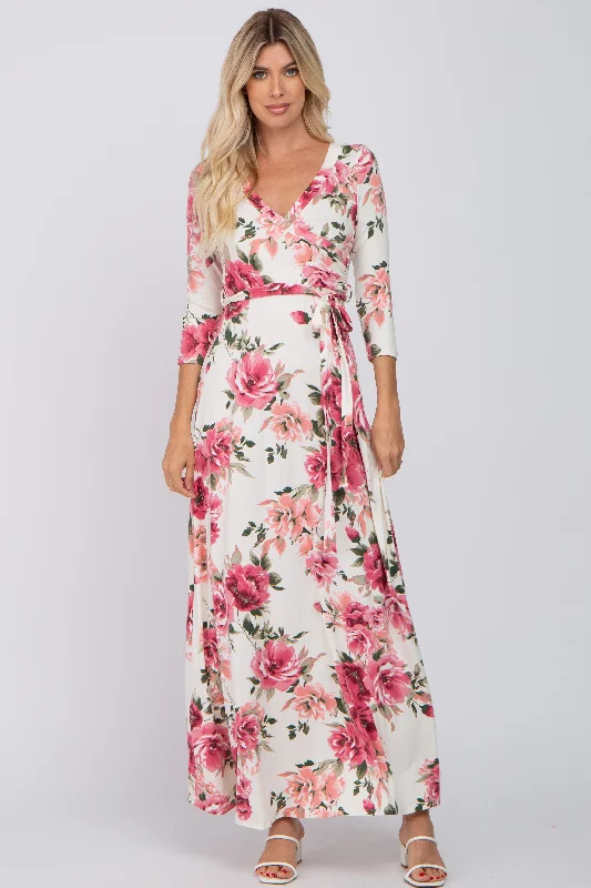 Cream Floral Wrap Maxi DressShirt Dress