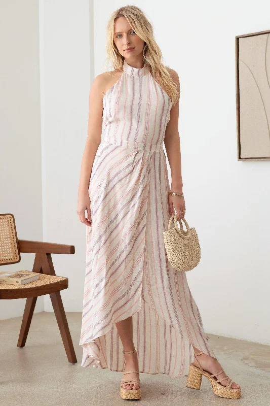 Striped Boho Asymmetric Back Tie Halter DressGala Dress