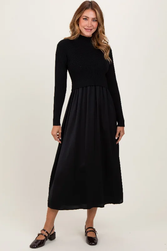 Black Knit Contrast Top Satin Midi DressA-line Dress