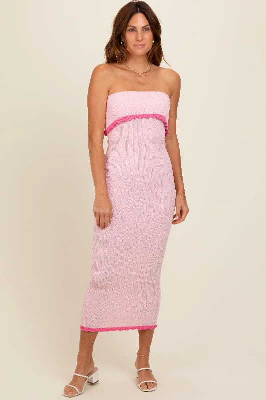 Pink Contrast Trim Strapless Knit DressSheer Dress