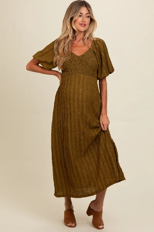 Olive Smocked V-Neck Short Puff Sleeve Textured Maternity Midi DressSequin Dress