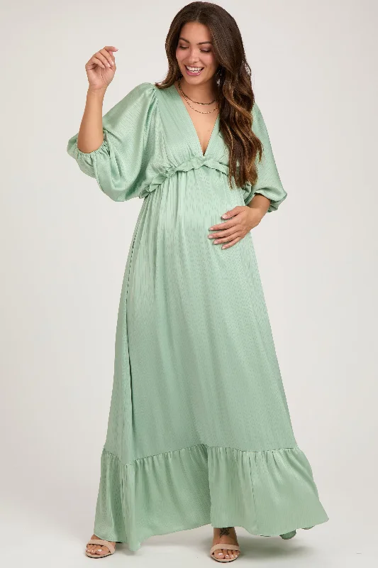 Mint Striped Ruffle Accent Maternity Maxi DressShort-sleeve Dress