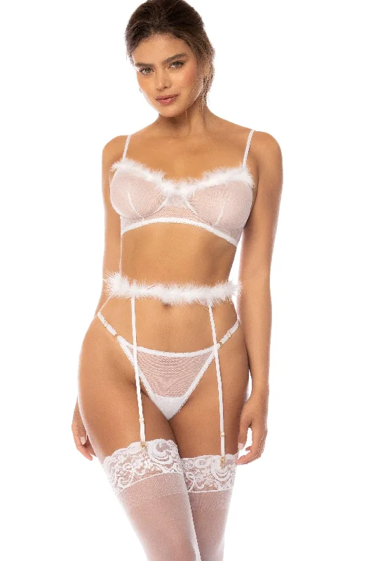 Feather Trim Sheer Mesh Three-Piece Set