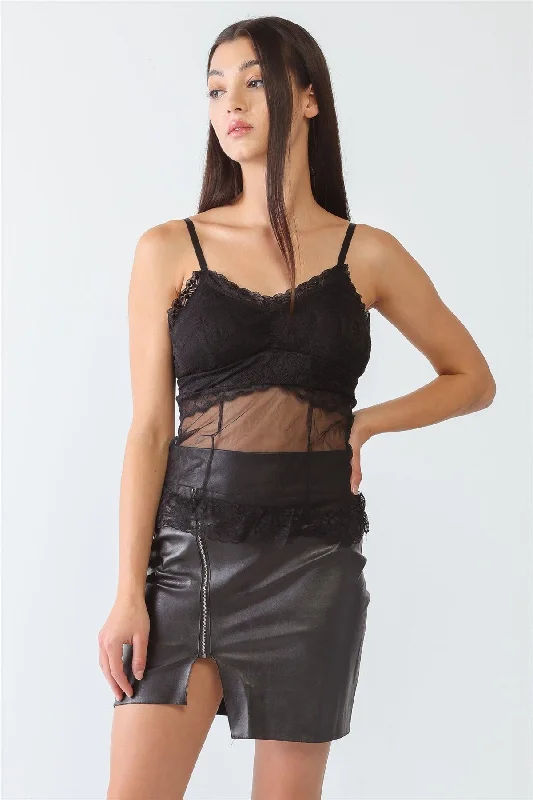 Black Sheer Mesh Lace Sleeveless Push-Up Bustier Top