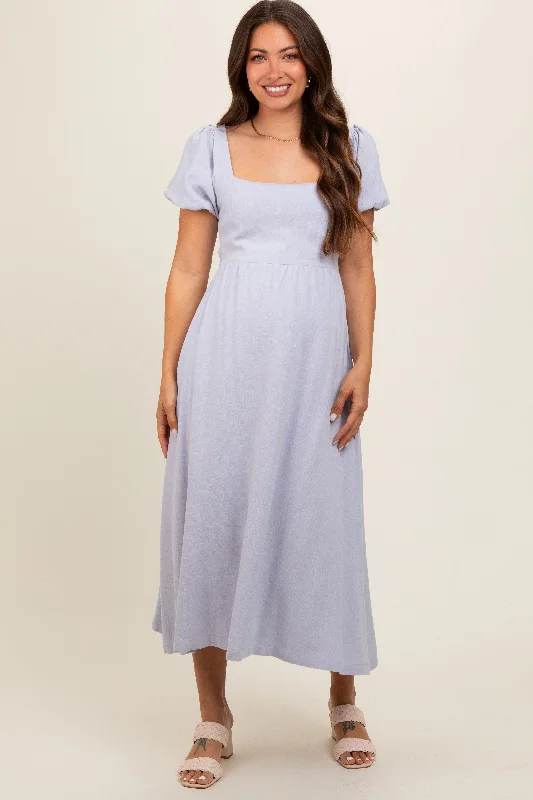 Lavender Puff Sleeve Linen Maternity Midi DressPlaid Dress